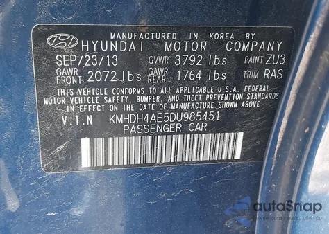 2013 Hyundai Elantra Gls from USA, damaged, VIN KMHDH4AE5DU985451